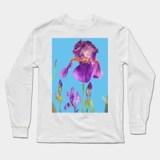 Iris Watercolor Painting - Elegant Purple on Blue Long Sleeve T-Shirt